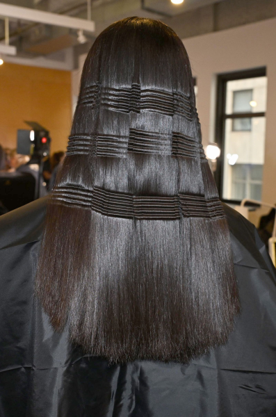 Model with crimped hair at Christian Siriano's runway show